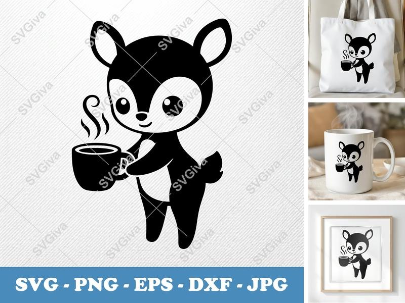 Fawn SVG with Coffee Mug | Cute Baby Deer PNG EPS DXF | Cricut Silhouette Cut File | Animal Clipart | Kawaii Design
