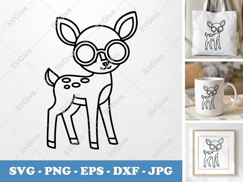 Fawn Wearing Sunglasses SVG | Cute Minimalist Double-Outline Cut File | Thick Contour & Thin Lines | PNG DXF EPS | Cricut Silhouette