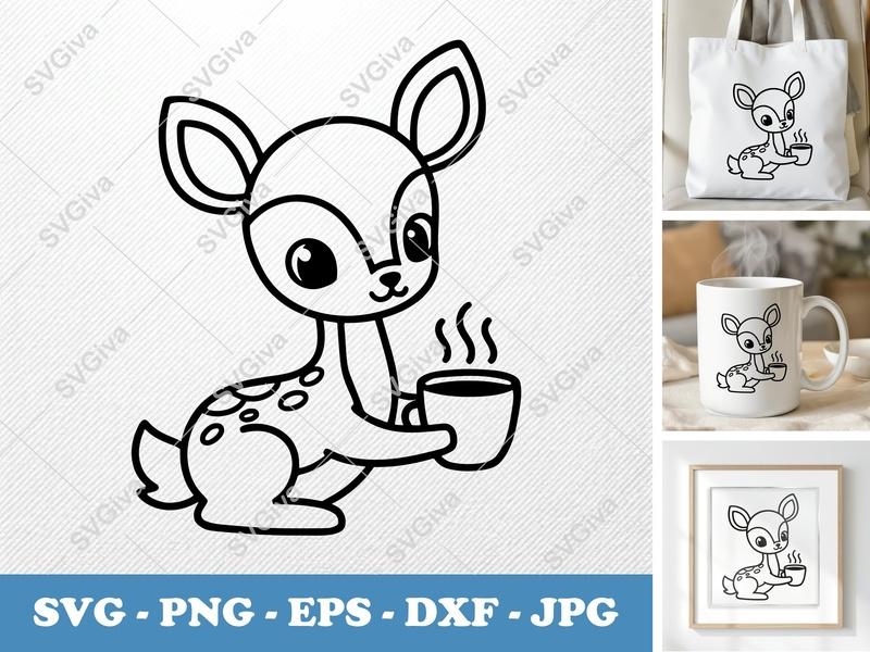 Fawn with Coffee Cup SVG | Rounded, Friendly Bean-Shaped Forms | PNG DXF EPS | Cricut Silhouette File