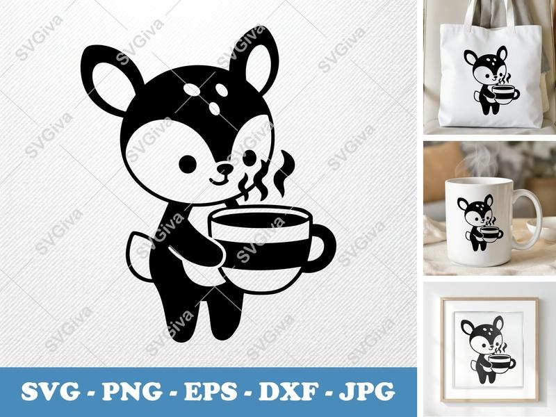 Fawn with Coffee SVG | Cute Deer Holding Mug, Steam | PNG EPS DXF | Cricut Silhouette Cut File