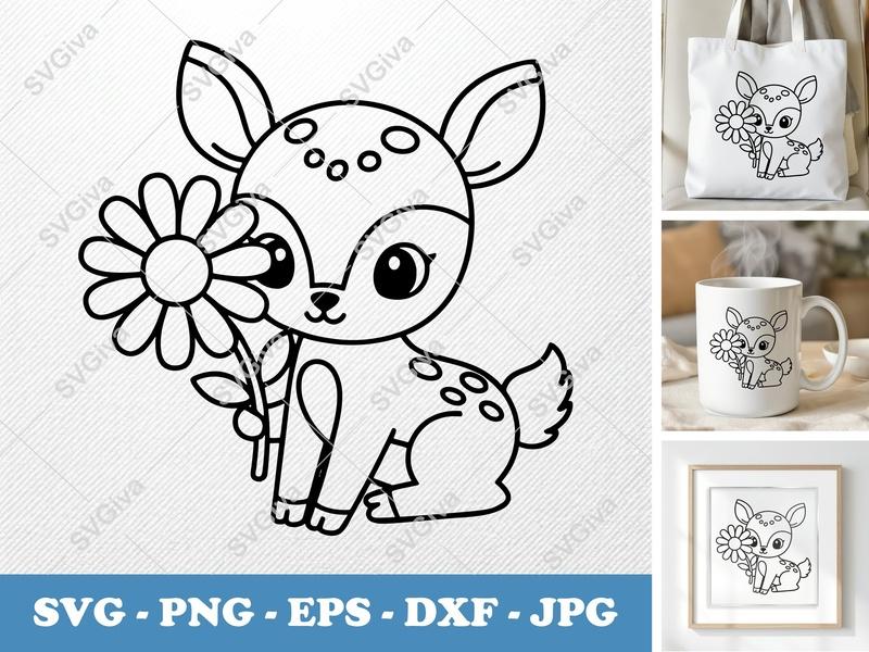 Fawn with Flower SVG PNG DXF EPS | Cute Deer Cut File for Cricut Silhouette