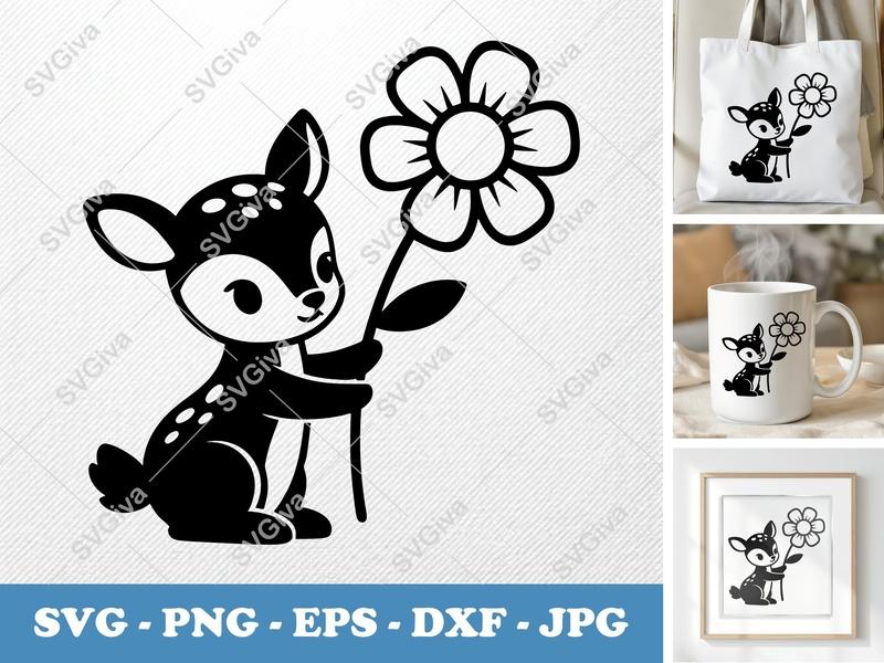 Fawn with flower SVG | Puffy, Pillow-Soft Shapes | PNG DXF EPS | Cricut Silhouette File