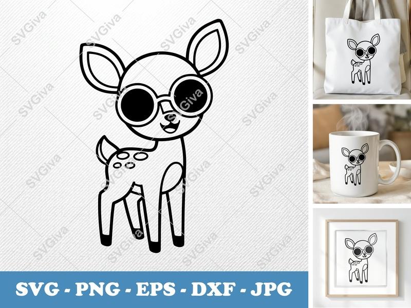 Fawn with Glasses SVG | Cute Deer PNG EPS DXF | Animal Cut File for Cricut & Silhouette | Modern Baby Nursery Clipart