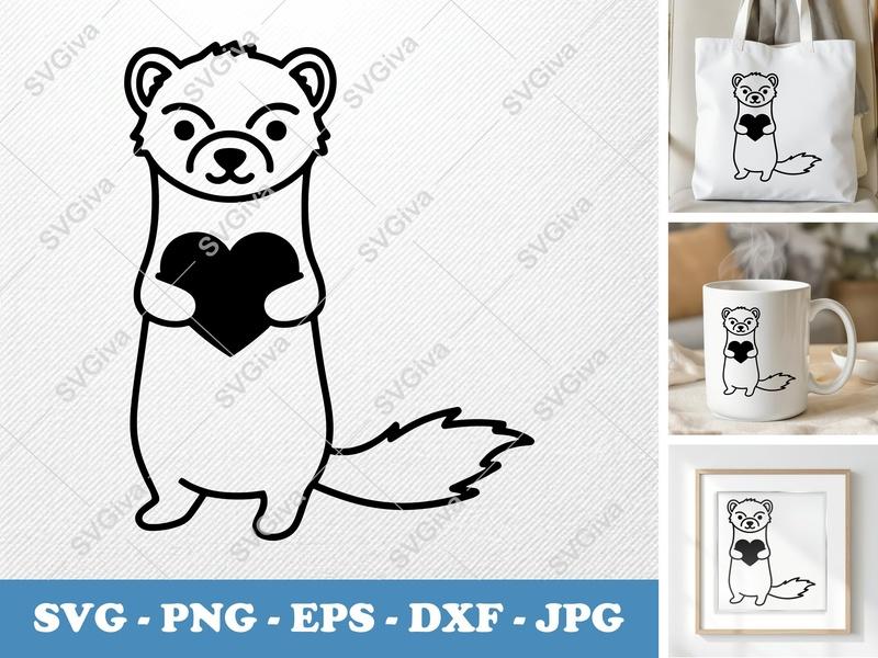 Ferret Holding Heart SVG | Minimalist Vector Cut File | Cricut Silhouette | Bold Contour PNG DXF EPS