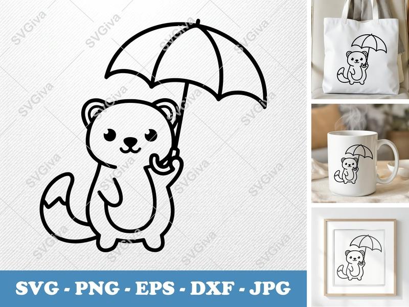 Ferret Holding Umbrella SVG PNG DXF EPS | Cricut Silhouette Cut File Animal Design