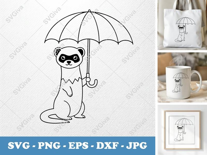 Ferret Holding Umbrella SVG | PNG DXF EPS | Cute Animal Cut File for Cricut Silhouette