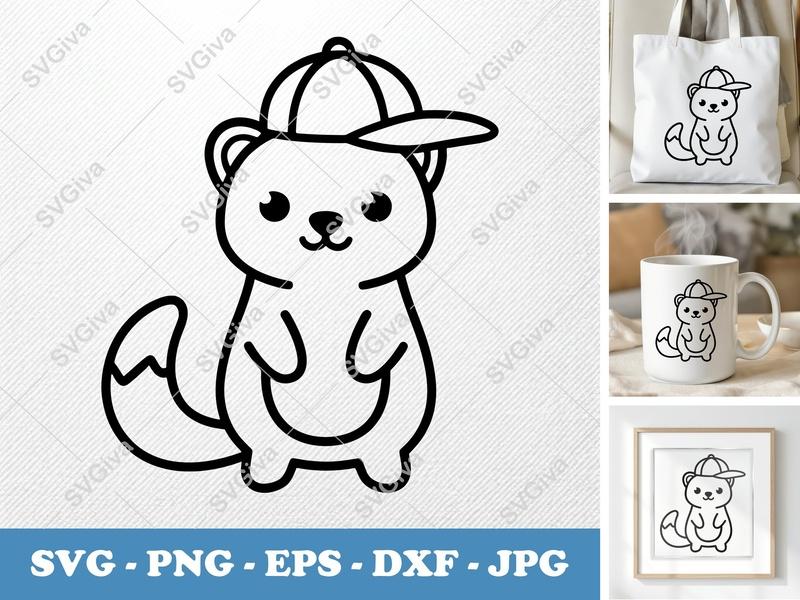 Ferret in a Cap SVG | Cute Animal Cut File PNG DXF EPS Cricut Silhouette