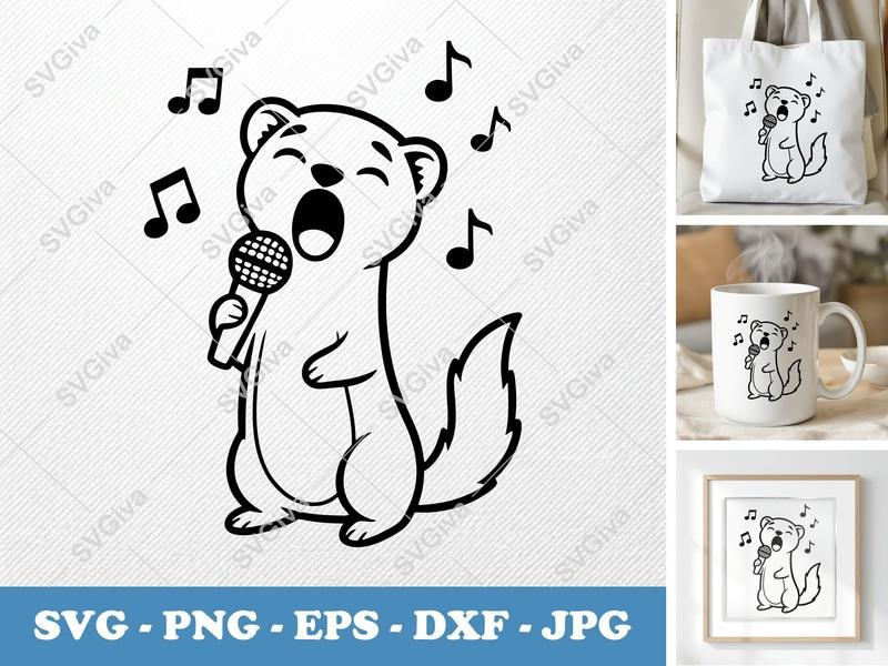 Ferret Singing SVG | Microphone Music Notes PNG EPS DXF | Cricut Silhouette File | Cute Animal Song Vector Art