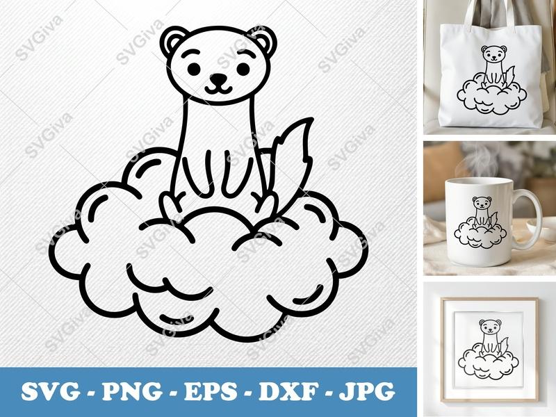 Ferret Sitting on Cloud SVG, Friendly Bean-Shaped Cut File | PNG DXF EPS | Cricut Silhouette Design