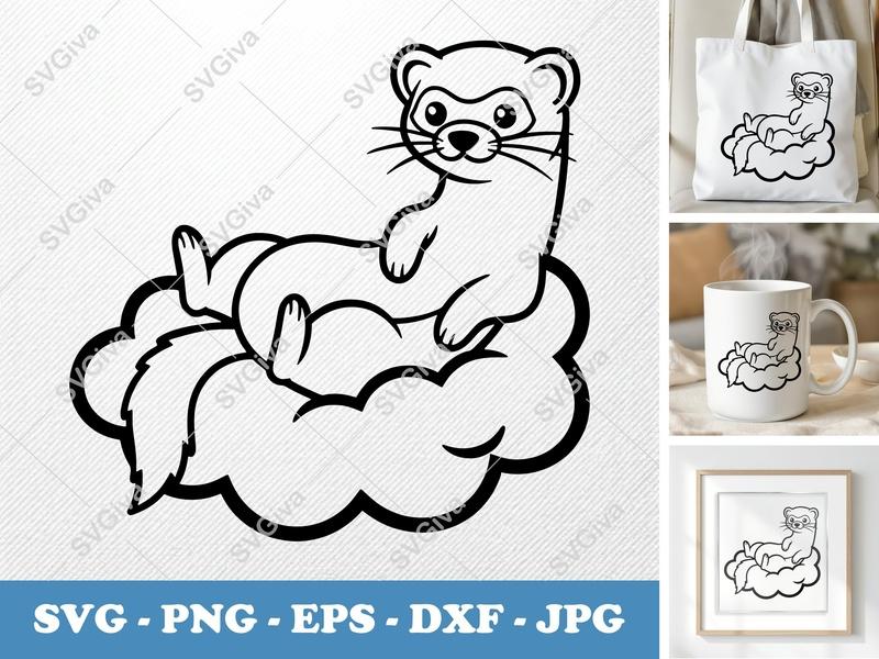 Ferret Sitting on Cloud SVG | Minimalist Vector Cut File | Bold Contour PNG DXF EPS for Cricut Silhouette