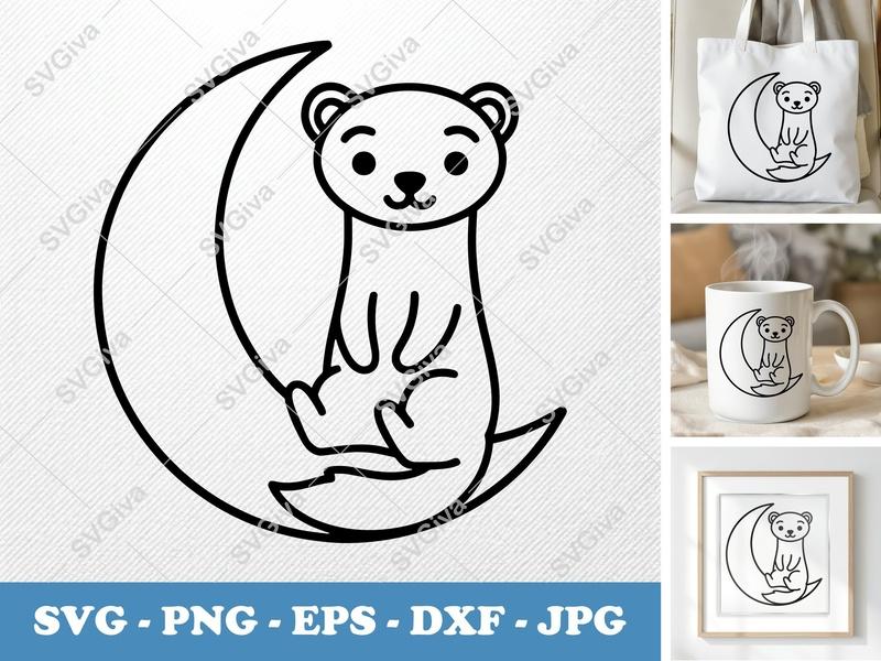 Ferret Sitting on Moon SVG | Friendly Rounded Cartoon Ferret | PNG DXF EPS | Cricut Silhouette File