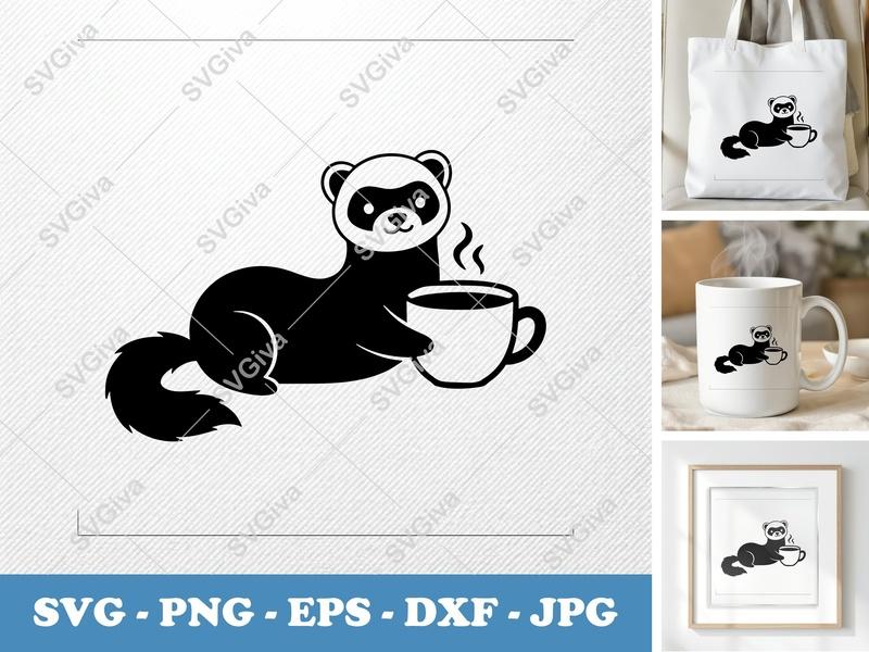 Ferret SVG, Coffee Cup Ferret, Modern Clean Design Ferret, PNG EPS DXF for Cricut & Silhouette, Cute Animal Cut File