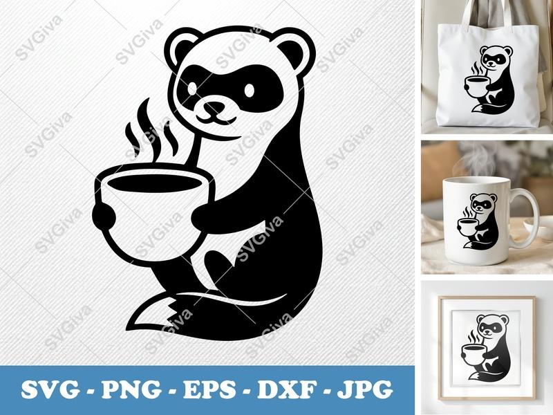 Ferret SVG, Coffee Ferret Cut File, Modern Animal Clip Art, Ferret with Mug PNG EPS DXF for Cricut & Silhouette