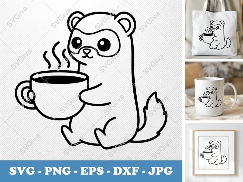 Ferret SVG, Coffee Lover Cut File, Cute Ferret with Coffee Cup | PNG EPS DXF for Cricut Silhouette