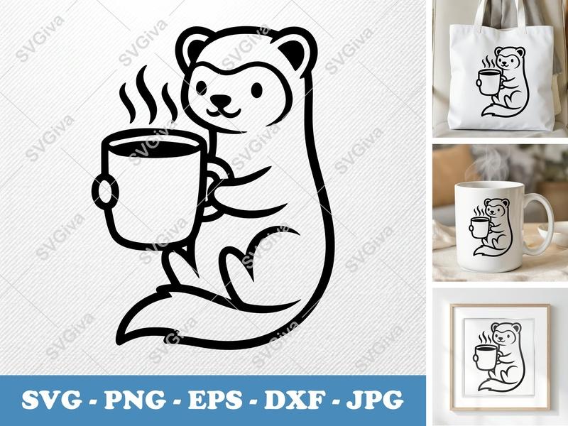 Ferret SVG, Coffee Mug Ferret Cut File, Modern Clean Line Art | PNG EPS DXF for Cricut Silhouette