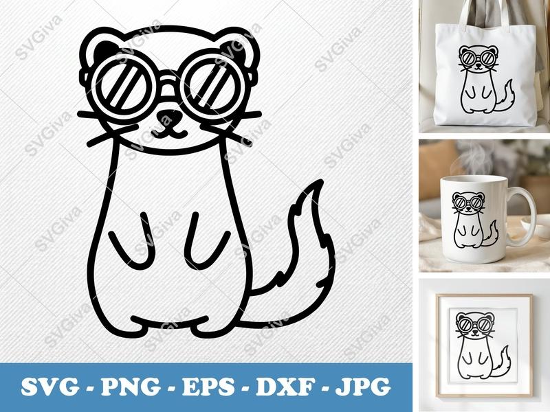 Ferret SVG, Cool Ferret with Glasses, Animal Line Art PNG EPS DXF | Cricut & Silhouette Cut File, Modern Pet Clipart