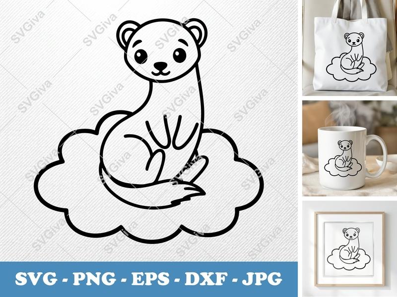 Ferret SVG, Cute Ferret on Cloud Cut File | PNG EPS DXF for Cricut & Silhouette, Animal Clipart Vector