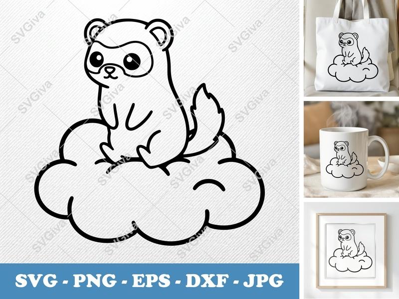 Ferret SVG, Cute Ferret on Cloud, Kawaii Animal Cut File, Modern Clean Design PNG EPS DXF for Cricut & Silhouette