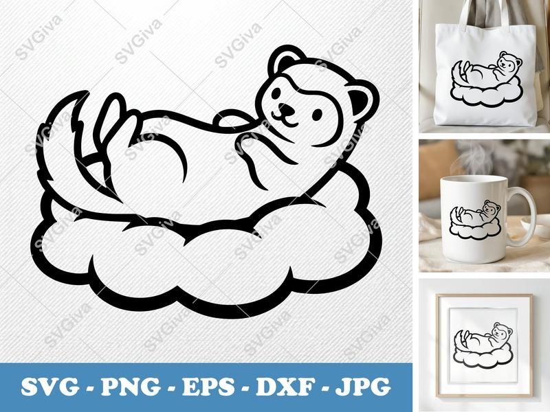 Ferret SVG, Cute Ferret on Cloud PNG EPS DXF | Modern Pet Animal Cricut Silhouette Cut File
