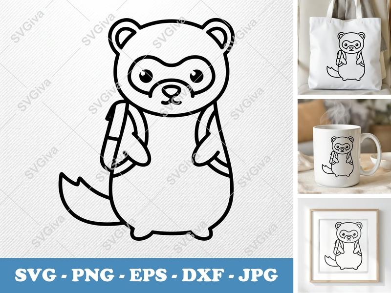Ferret SVG, Cute Ferret with Backpack, Line Art Animal, Digital Download | PNG EPS DXF for Cricut & Silhouette