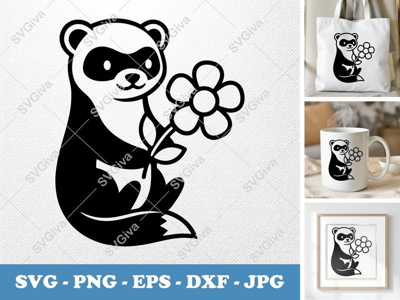 Ferret SVG, Cute Ferret with Flower, Animal Cut File, Ferret Lovers, PNG EPS DXF for Cricut & Silhouette