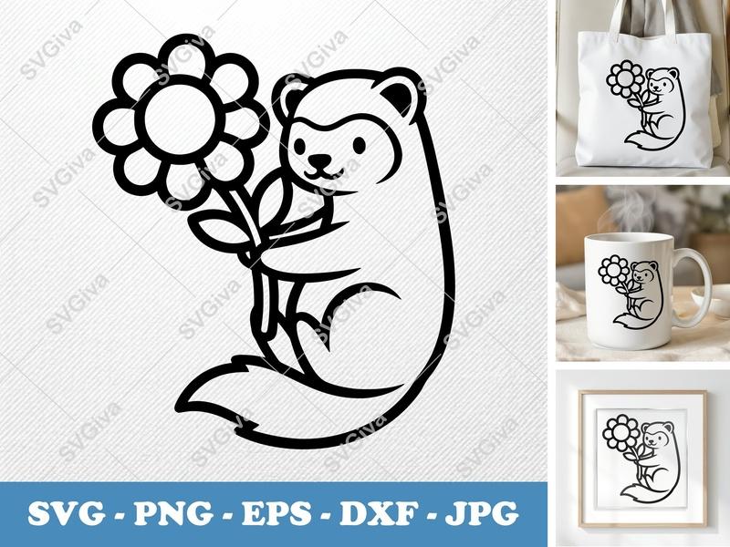 Ferret SVG, Cute Ferret with Flower, Animal Lover Design, PNG EPS DXF for Cricut & Silhouette, Modern Line Art