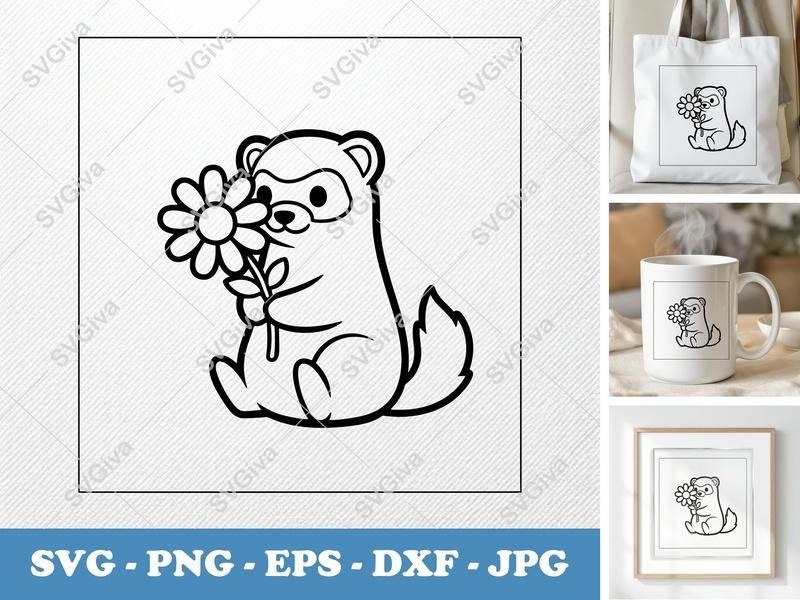 Ferret SVG | Cute Ferret with Flower Clipart | Kawaii Animal Line Art | PNG EPS DXF for Cricut Silhouette