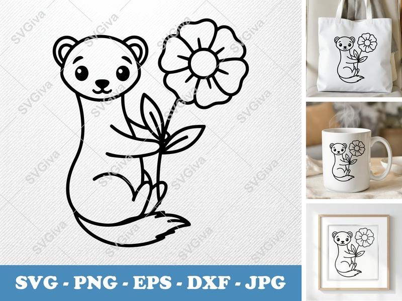 Ferret SVG, Ferret with Flower, Cute Animal Cut File PNG EPS DXF | Cricut Silhouette Design