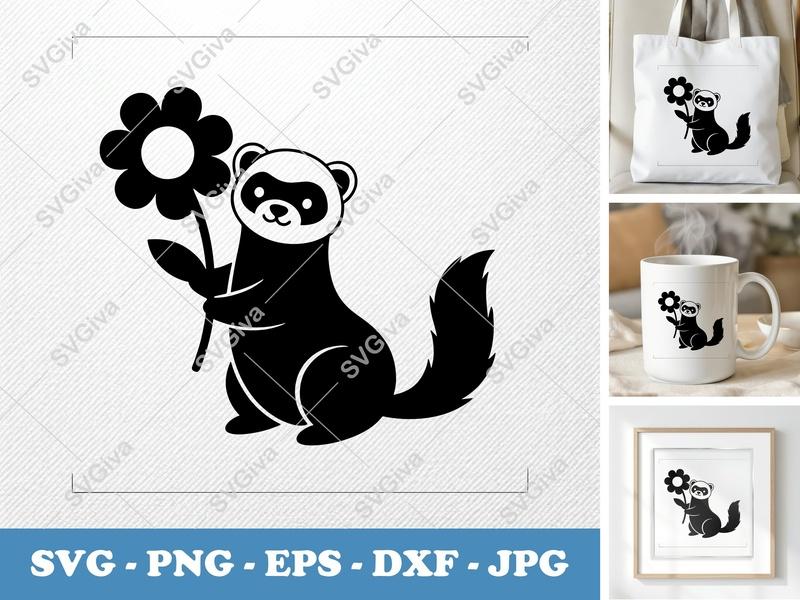 Ferret SVG, Flower Ferret Cut File, Cute Ferret Clipart, PNG EPS DXF | Cricut Silhouette File