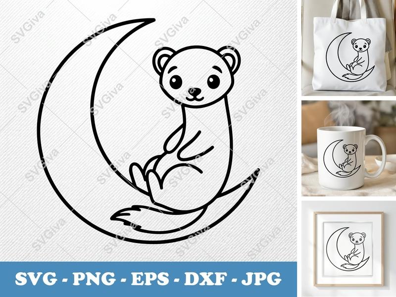 Ferret SVG, Moon Ferret Clip Art, Cute Animal Ferret on Crescent Moon | PNG EPS DXF | Cricut, Silhouette Cut File