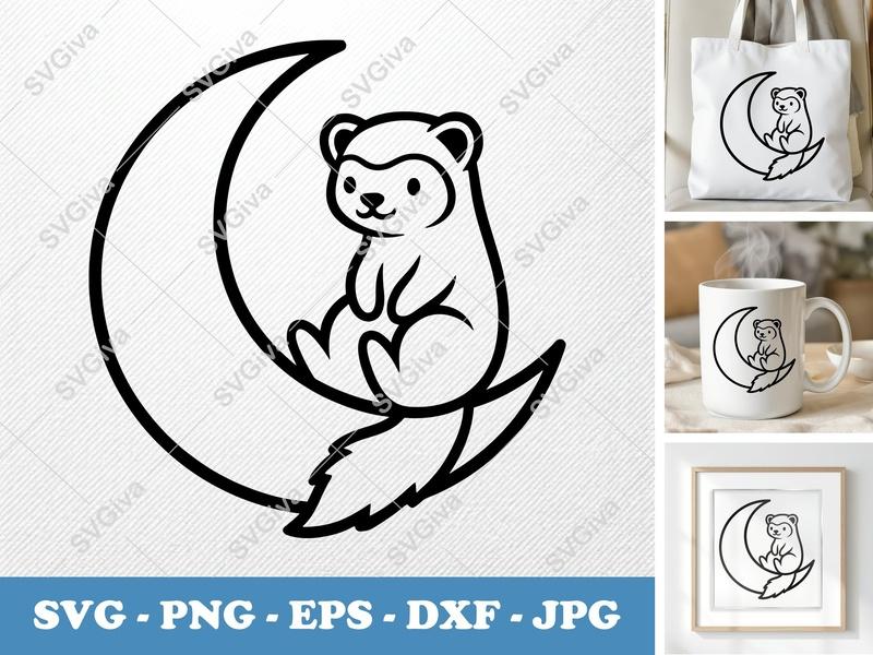 Ferret SVG, Moon Ferret Cut File, Cute Animal Design, Ferret Sitting on Moon PNG EPS DXF for Cricut & Silhouette