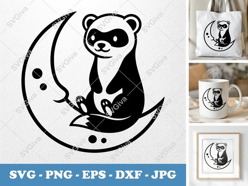 Ferret SVG, Moon Ferret Cut File, Cute Animal Ferret PNG, EPS, DXF for Cricut & Silhouette, Modern Ferret Clipart