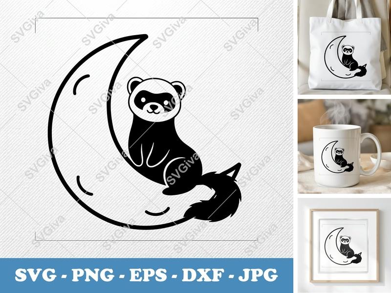 Ferret SVG, Moon Ferret Cut File, Cute Ferret PNG, EPS, DXF for Cricut & Silhouette, Animal Vector Art