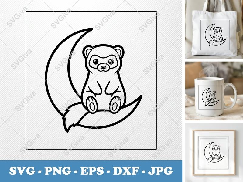 Ferret SVG, Moon Ferret Cute Animal Cut File, Ferret on Moon PNG EPS DXF for Cricut & Silhouette, Pet Lover Gift