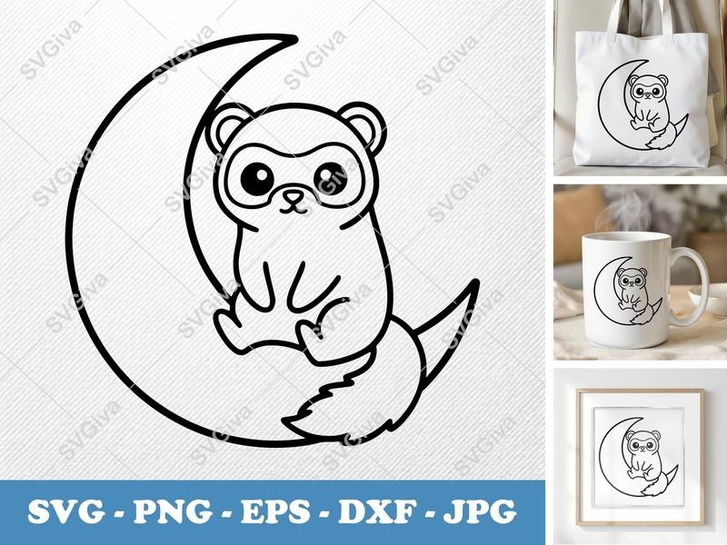 Ferret SVG, Moon Ferret Cute Animal Outline, PNG EPS DXF | Cricut & Silhouette Cut File, Pet Lover Gift