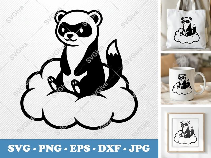 Ferret SVG on Cloud, Cute Minimalist Ferret | PNG EPS DXF | Cricut Silhouette File, Pet Animal Vector Art