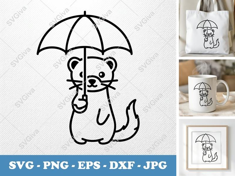 Ferret SVG with Umbrella | Cute Animal Cut File | PNG EPS DXF for Cricut & Silhouette | Modern Clean Design