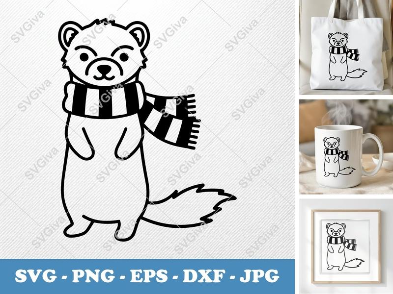 Ferret wearing a Scarf SVG | Minimalist Bold Contour Cut File | PNG DXF EPS | Cricut Silhouette Design