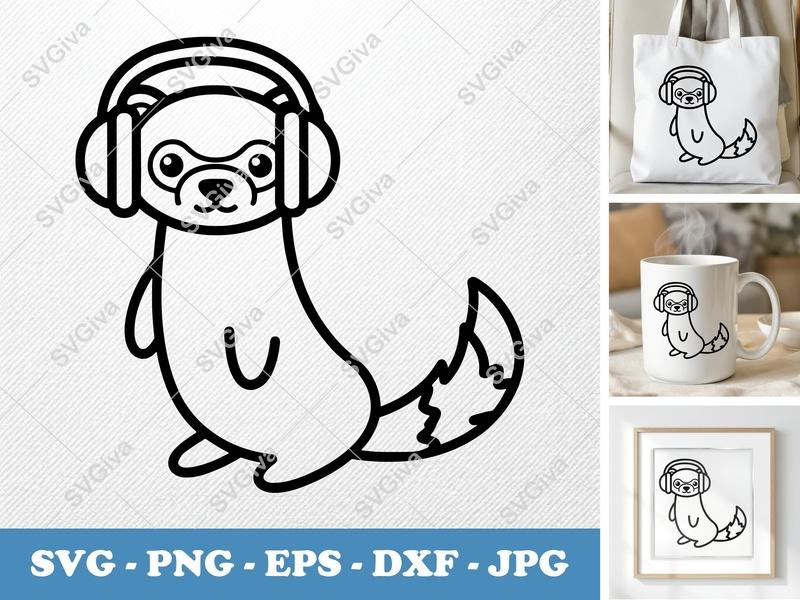 Ferret wearing headphones SVG | Friendly Rounded Bean-Shaped Cut File | PNG DXF EPS | Cricut Silhouette Design