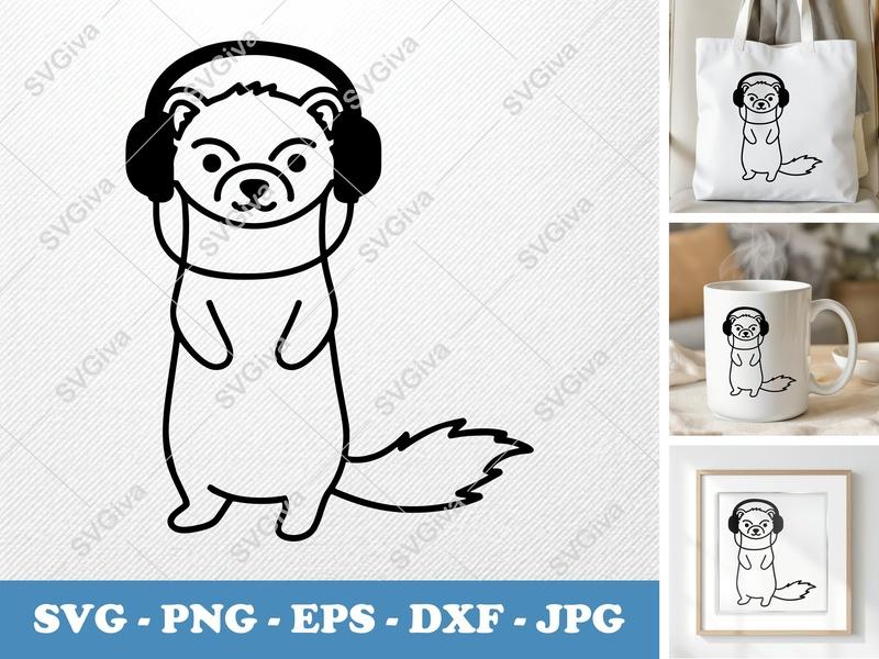 Ferret wearing headphones SVG | Minimalist Character Design | Bold Contour Cut File | PNG DXF EPS | Cricut Silhouette