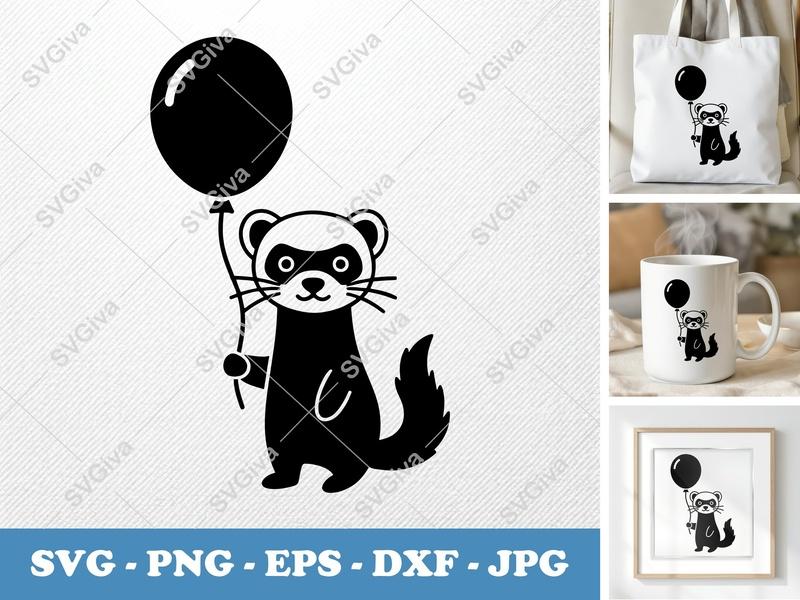 Ferret with Balloon SVG | Puffy Soft Forms Cut File | PNG DXF EPS | Cricut Silhouette Design