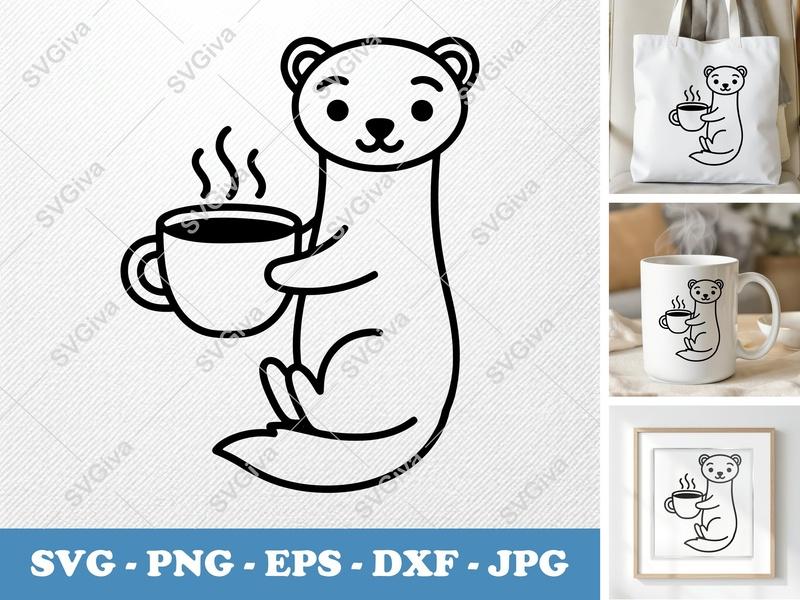 Ferret with Coffee Cup SVG | Cute Bean-Shaped Animal | PNG DXF EPS | Cricut Silhouette File