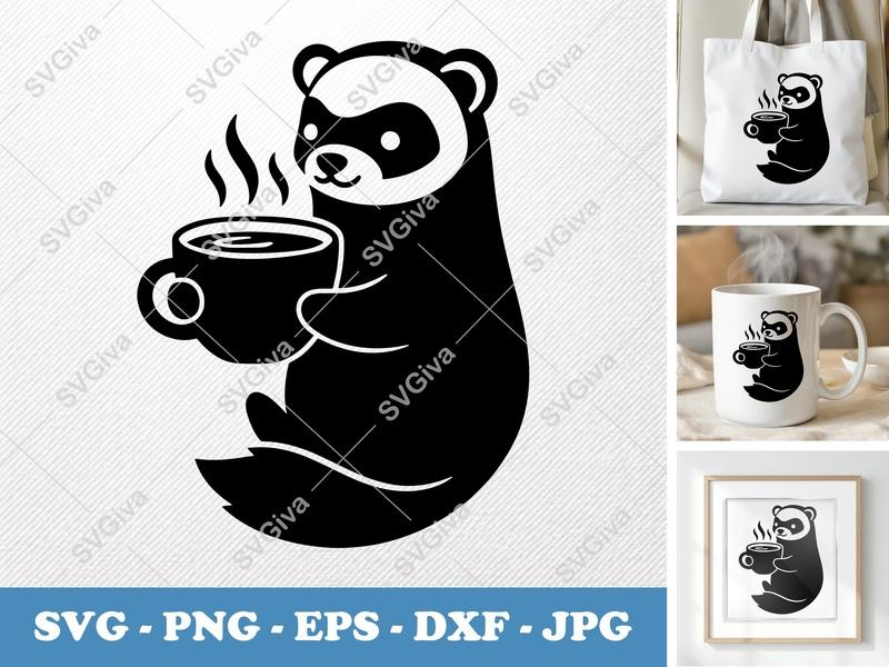 Ferret with Coffee Cup SVG | Puffy Soft Shapes | Inflated Pillow-Soft Design PNG DXF EPS | Cricut Silhouette Cut File