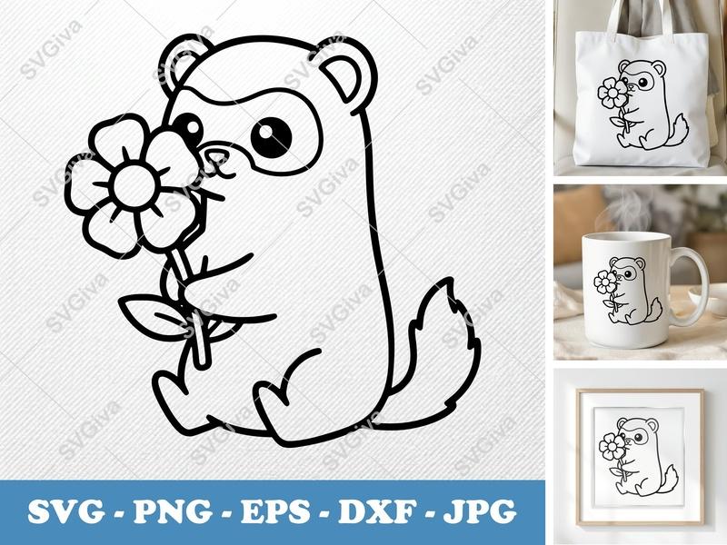 Ferret with Flower SVG, Cute Ferret PNG, EPS, DXF | Cricut & Silhouette Cut File, Animal Vector Art