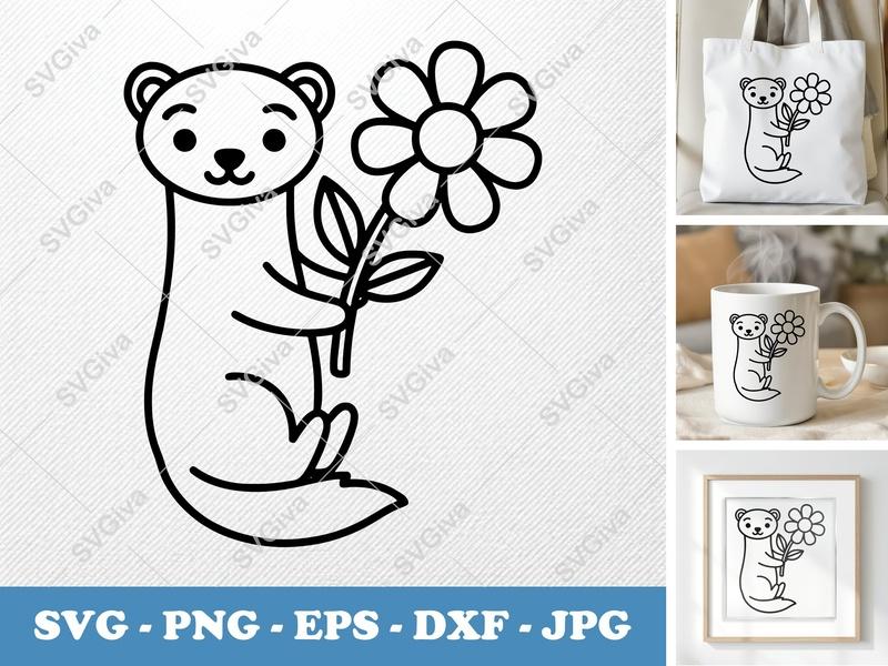 Ferret with Flower SVG | Friendly Bean-Shaped Design | PNG DXF EPS | Cricut Silhouette File