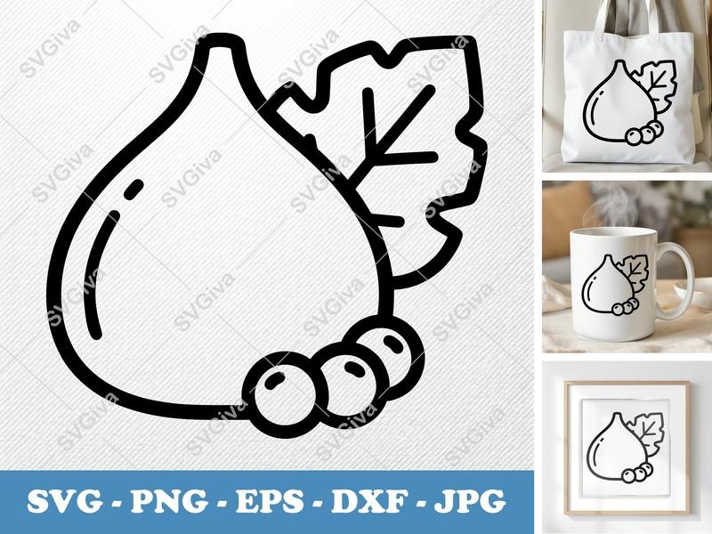 Fig with Garnish SVG | Friendly Rounded Bean-Shaped Fig, Leaf & Berries | PNG DXF EPS | Cricut Silhouette File
