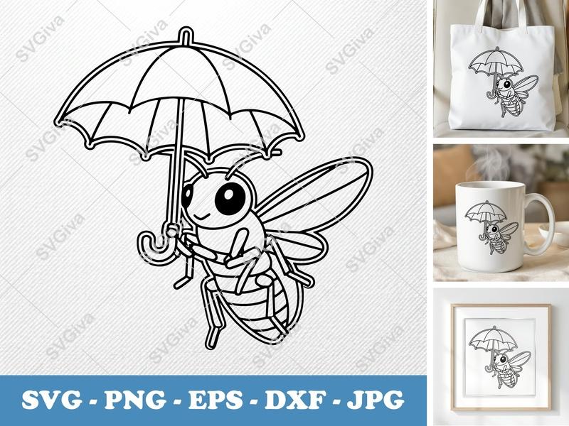 Firefly holding umbrella SVG | Double-Outline Minimalist Cut File | PNG DXF EPS | Cricut Silhouette Design