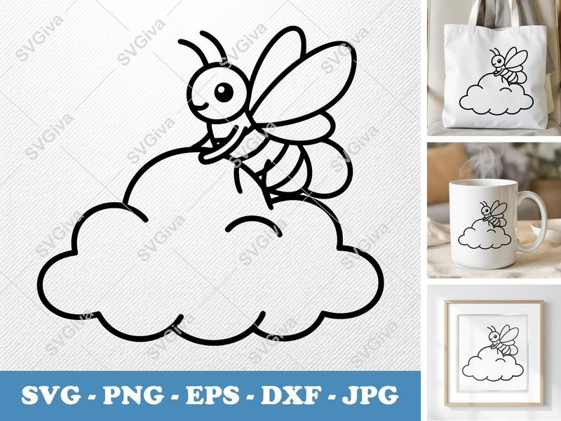 Firefly on Cloud SVG, Cute Firefly Outline, Insect Cut File, PNG, EPS, DXF for Cricut & Silhouette, Kid's Craft Design