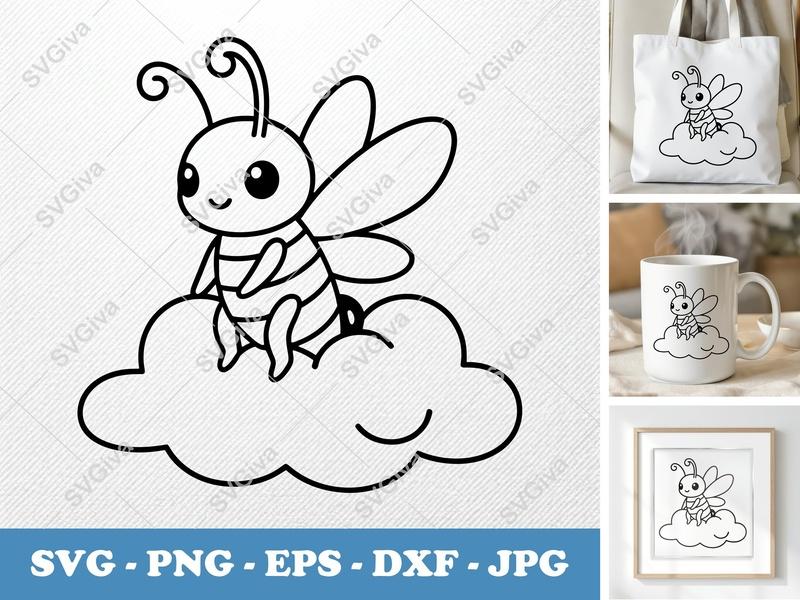 Firefly on Cloud SVG, Cute Insect Clipart, Modern Firefly PNG, EPS, DXF for Cricut & Silhouette Cut Files