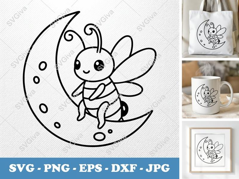 Firefly on Moon SVG, Cute Firefly Cut File, Kawaii Insect PNG, EPS, DXF for Cricut & Silhouette, Modern Clean Design